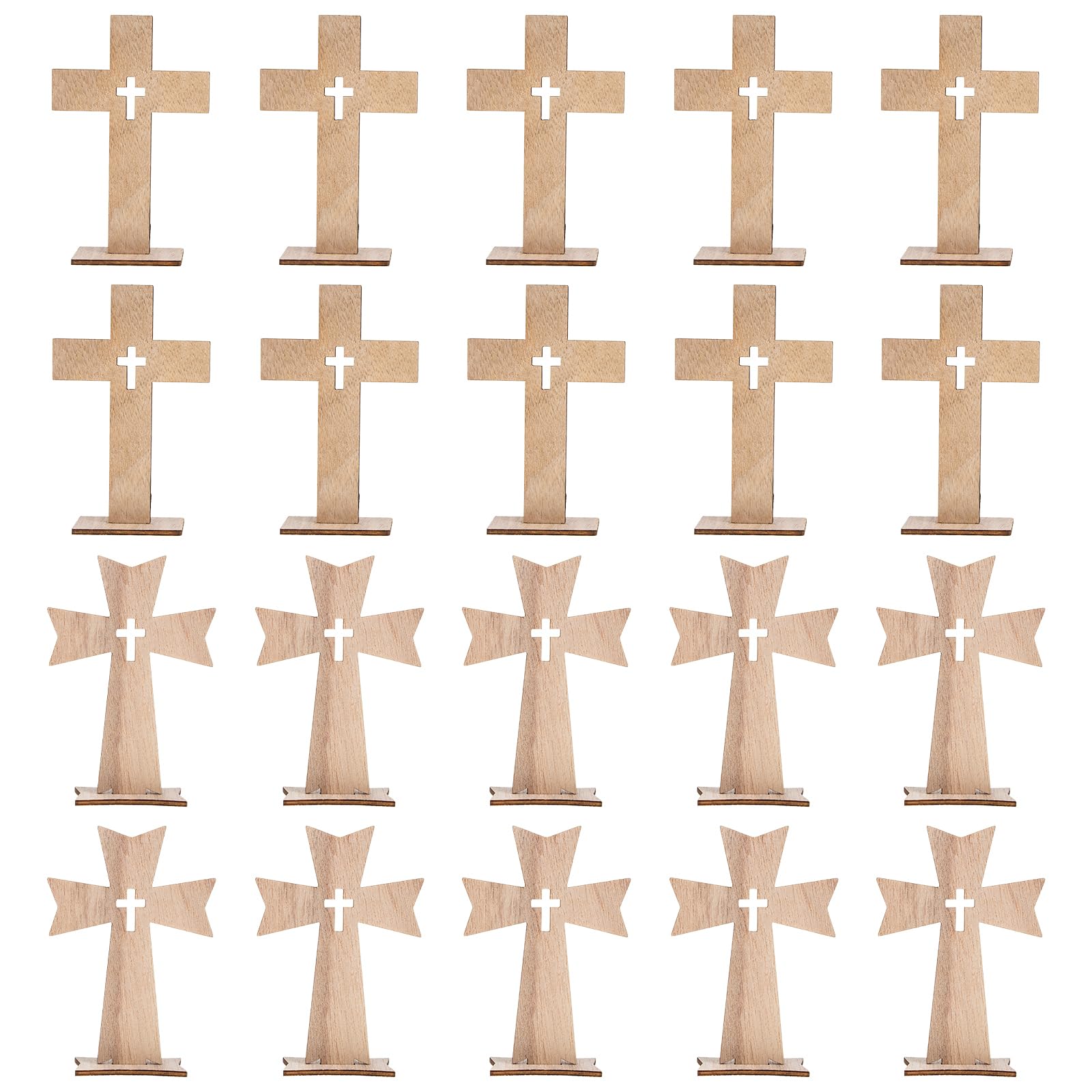 SEWACC 20pcs Wooden Crosses for Crafts Small Unfinished Wood Crosses Catholic Standing Cross with Bases Wooden Wall Cross with Stand Spiritual Religious Cross for Baptism Centerpieces