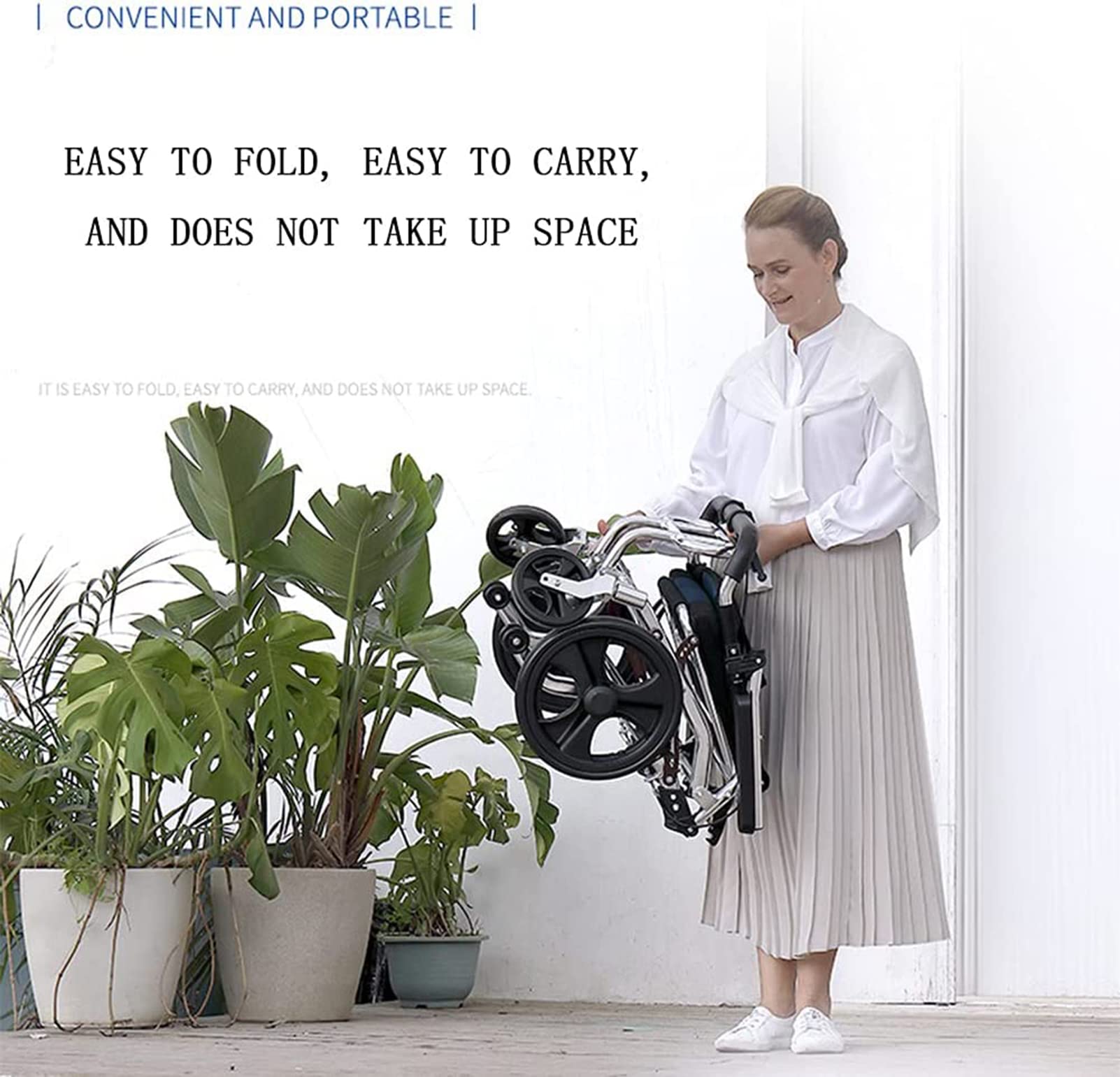 Silla de ruedas de viaje ultraligera, silla de ruedas plegable de aluminio propulsada por asistente con frenos de asistente, silla de viaje de tránsito portátil para personas mayores discapacitadas,
