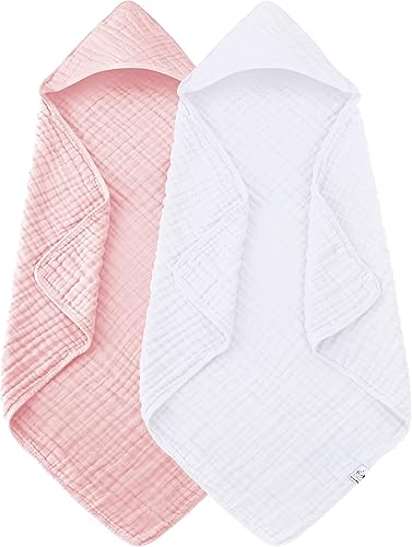 Miniatura 15 de Paquete de 2 toallas de bebé con capucha, 100% algodón de muselina para recién nacidos, bebés, niños pequeños, tamaño grande de 32 x 32 pulgadas,