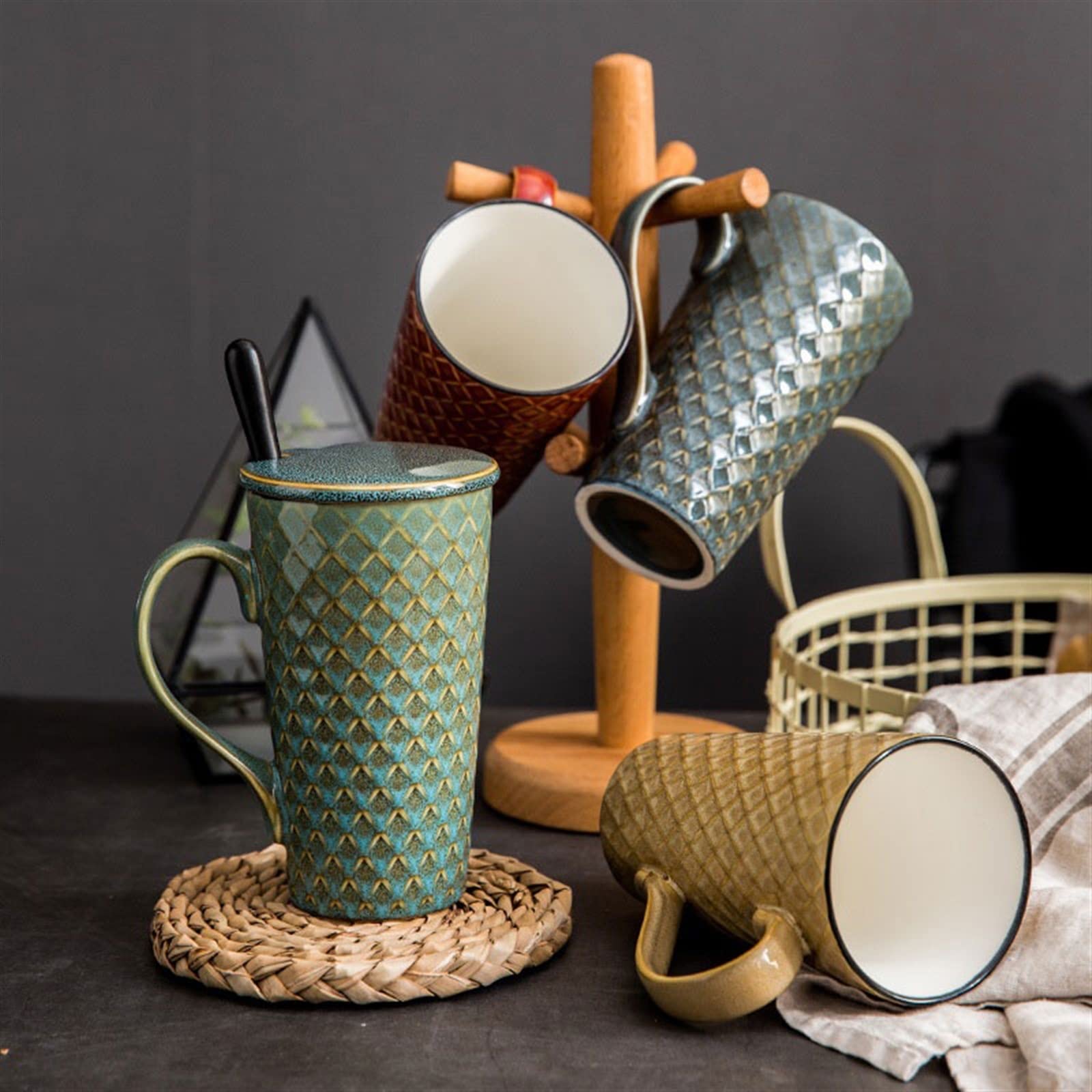 Taza de café de cerámica, Cuchara de cerámica de 500ML con Tapa, Taza de Gran Capacidad, Taza Creativa de Estilo nórdico para Beber (Azul)