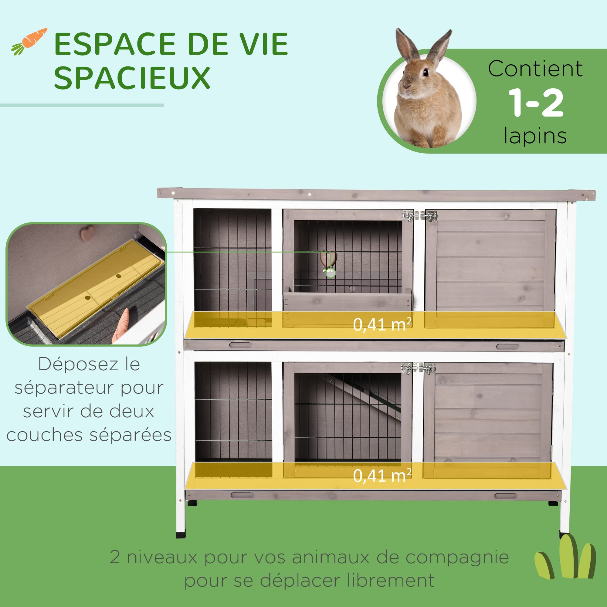 PawHut Cage pour Lapin 2 Niveaux 122 x 50 x 101cm Gris Blanc
