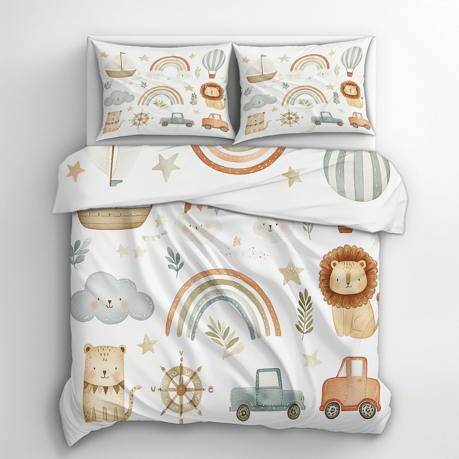 Cartoon Animal Duvet Cover Twin Size, Rainbow Cute Kids White Reversible Design Bedding Set 2 Piece, Cartoon Animal Bedroom Decor & Gift, Soft Microfiber, 1 Pillow Sham, Zipper Ties (GW68)