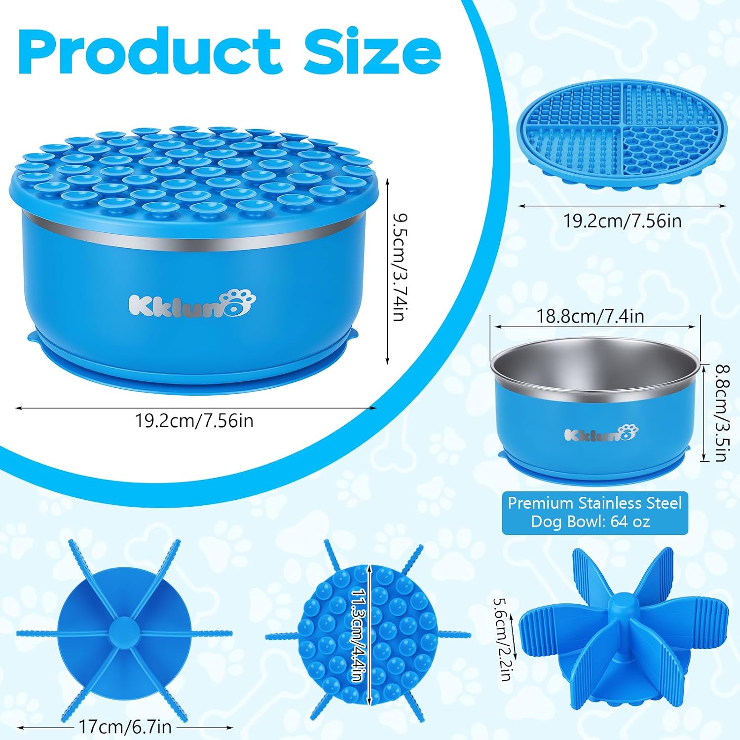 Slow Feeder Insert Dog Bowl 3-in-1 with Lick Mat - 64oz Stainless Steel Food Water Bowl, Non-Slip Suction Cup Base, Dishwasher Safe Puzzle Maze Insert for Dogs Cats All Breeds, Blue - 2