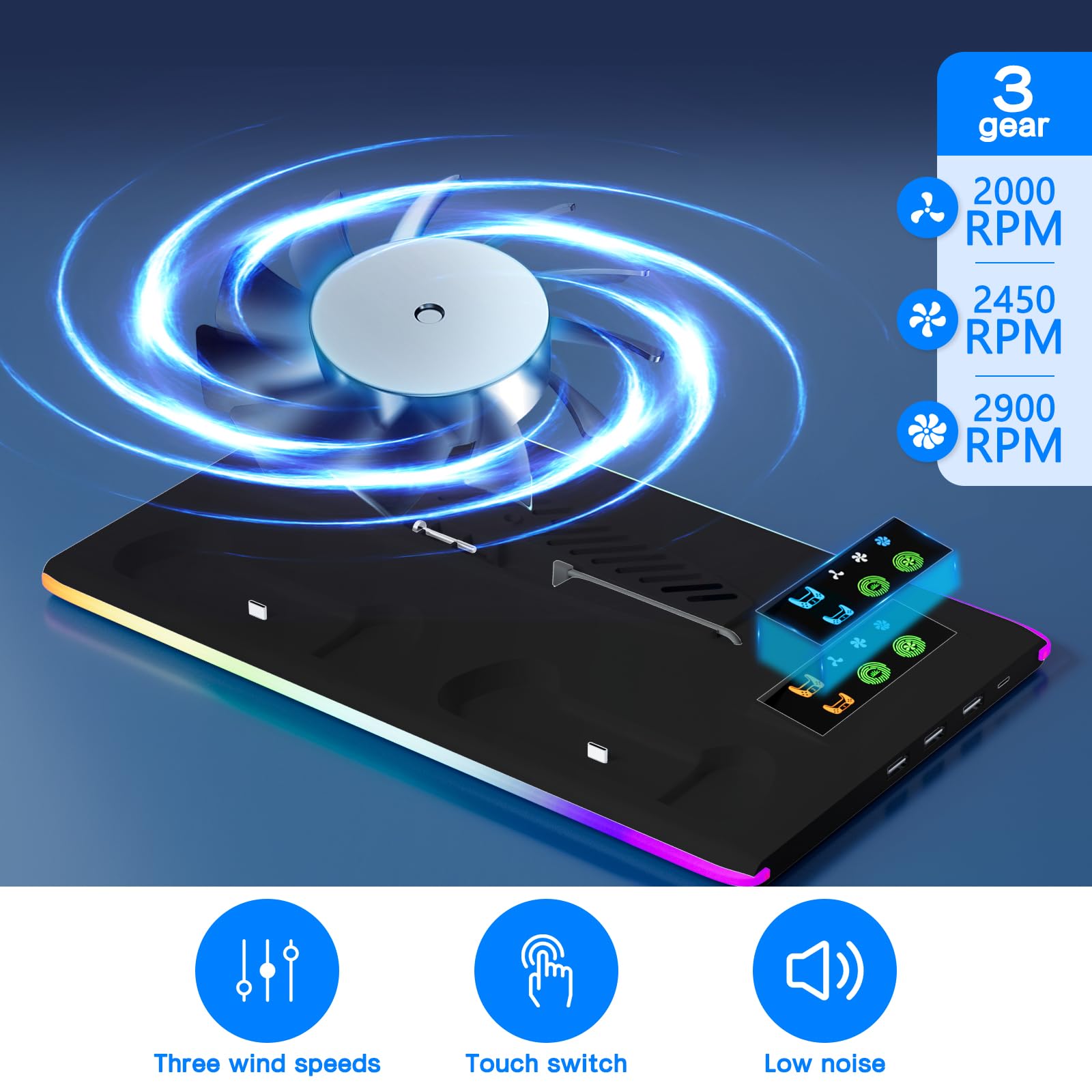 Soporte para PS5 y PS5 Slim con Ventilador de 3 Velocidades, Cargador para PS5 & Edge Mando con Luz RGB y 3 USB HUB, para Disc & Digital(Negro)