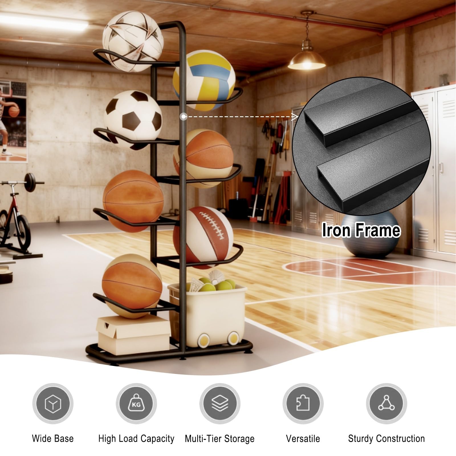 Rastrelliera da Basket, Scaffale Stoccaggio Attrezzature Sportive, Robusto E Stabile, Conservazione su più Livelli, Ideale per Pallavolo, Calcio E Pallacanestro, Rastrelliera per Palloni