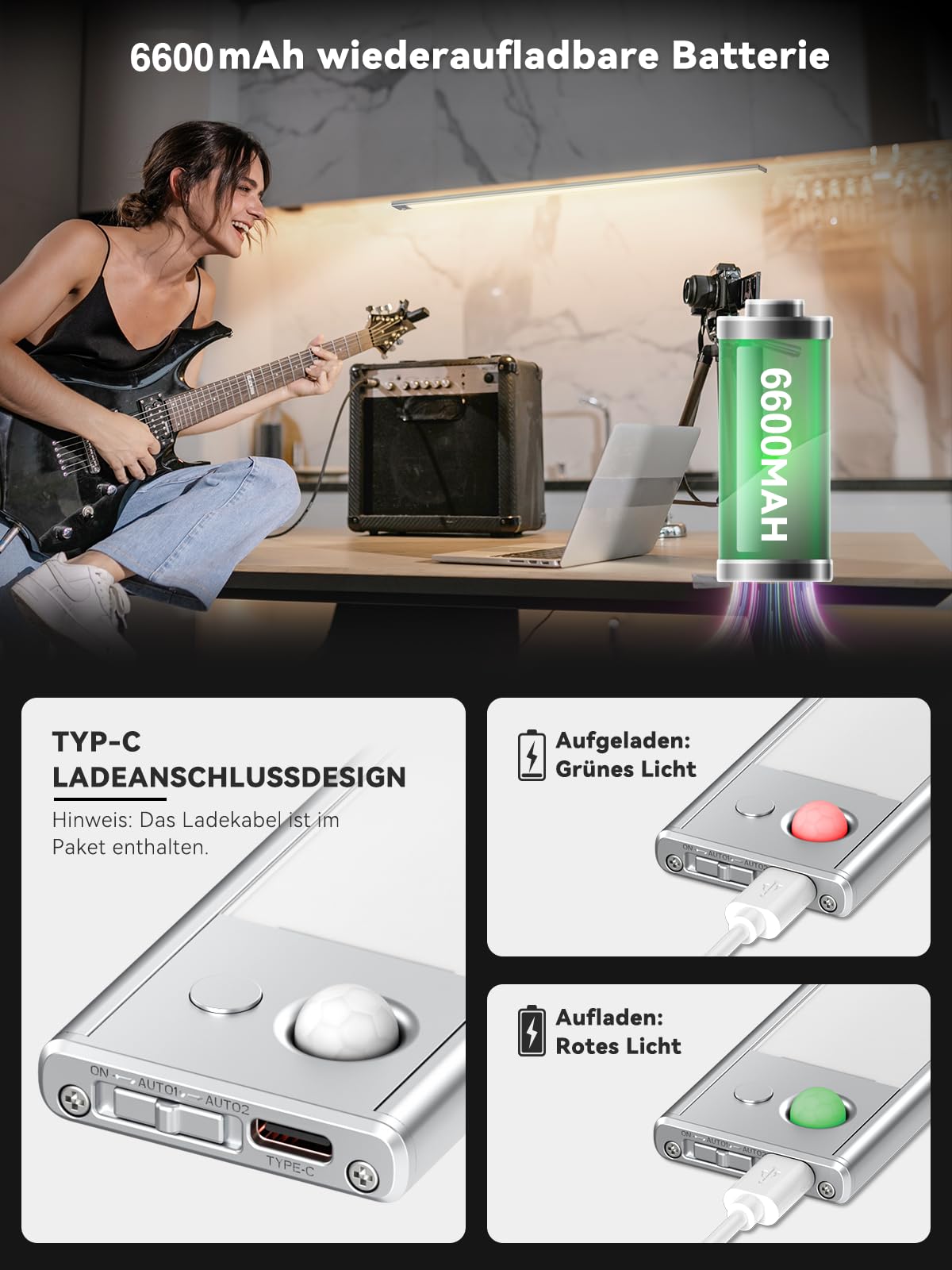 Unterbauleuchte Küche LED Dimmbar, 296 LEDs, mit Bewegungsmelder, 80CM | Schrankbeleuchtung akku, 6600mAh wiederaufladbar, 3 Farbmodi magnetische Led Leiste für Kleiderschrank, Aluminiumlegierung