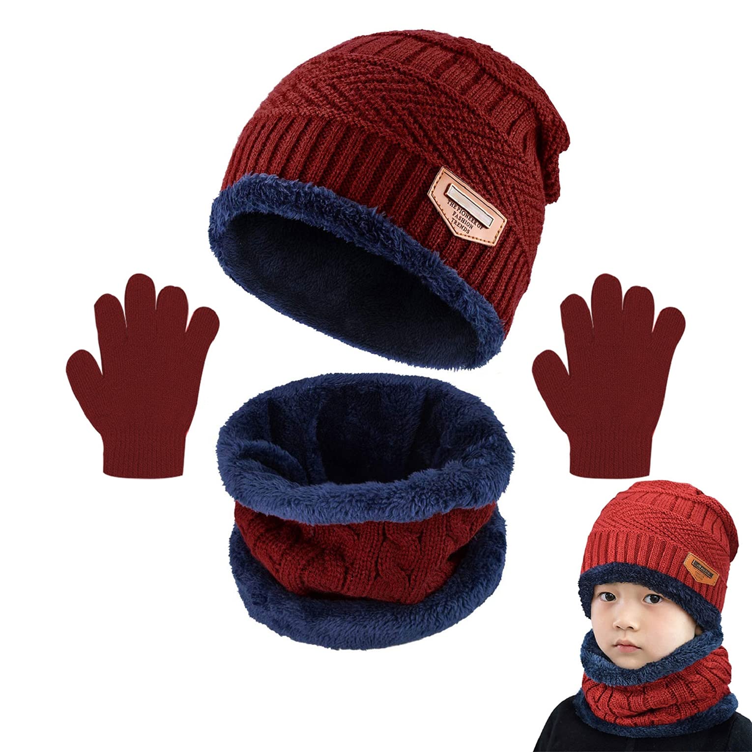 Joligiao Wine Red Kids Winter Knitted Beanie Hat Scarf Gloves Set Warm Soft Hat Fleece Inner Lining Circle Loop Scarf Gloves 3-In-1 Set For Children (,One Size)