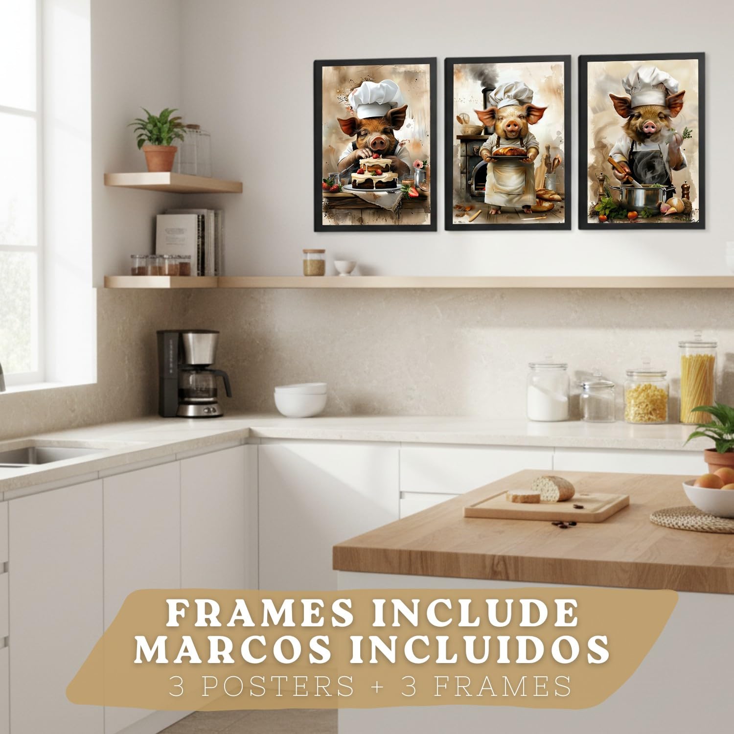 Nacnic Lot De 3 Affiches Cochon Chef Pâtissier Tableaux Animal Cuisinier Illustration Amusante Déco Cuisine A3 Cadre Noir
