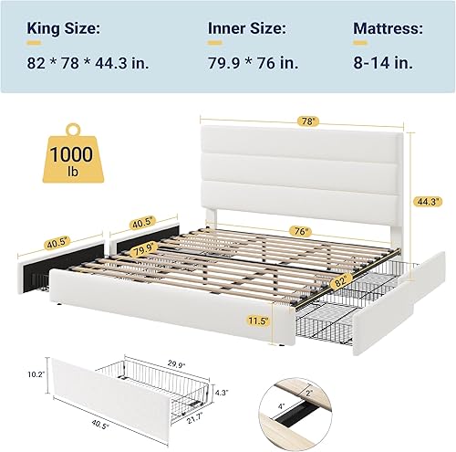 Miniatura 2 de Allewie - Base de cama moderna tamaño King con plataforma, 4 cajones de almacenamiento y cabecera tapizada en terciopelo, soporte de listones de