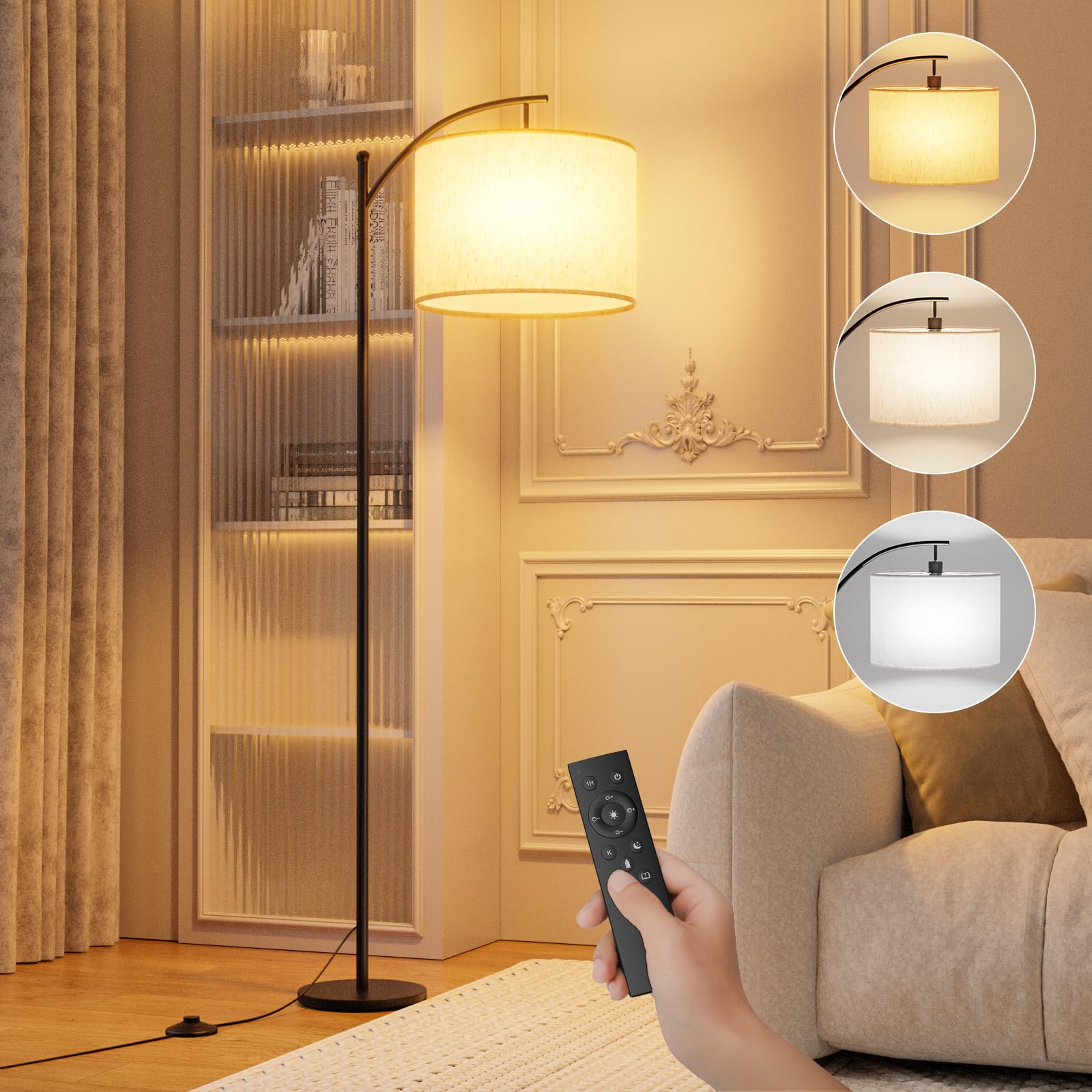 Lampara de Pie, Lampara de Pie Salon con Control Remoto, Interruptor de Pie, Pantalla de Lino, Atenuación Continua, Incluye Bombilla LED E27 de 6 W, Adecuada para Dormitorio, Oficina