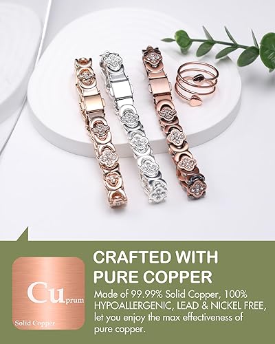 Miniatura 6 de Feraco Pulseras y anillos de cobre puro para mujer, pulsera magnética ultra resistente para mujer con imanes de neodimio y circonita cúbica