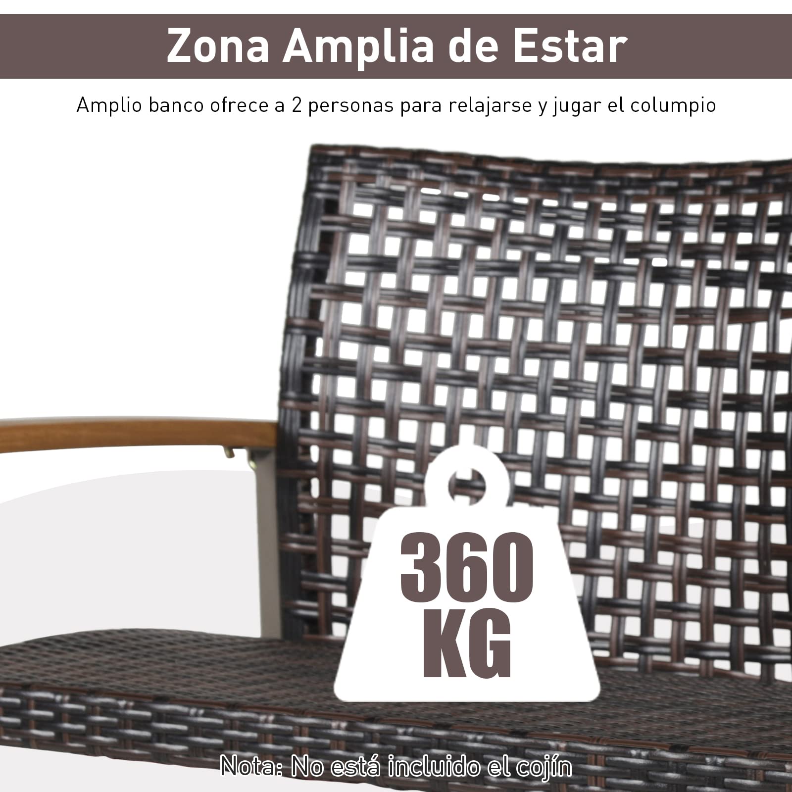 COSTWAY Banco Columpio de Exterior con 2 Asientos de Ratán PE, Respaldo Curvado y Reposabrazos de Madera de Acacia, Carga 360 kg para Pórtico Veranda Patio Jardín (sin cojin)