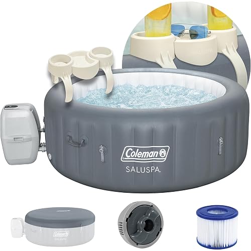 Coleman SaluSpa 4-6 Person AirJet Inflatable Hot Tub w/EnergySense Cover, 77"x28" Bundled w/SaluSpa Drink Holder, Spa Side Cup Holder w/Tray, Ivory