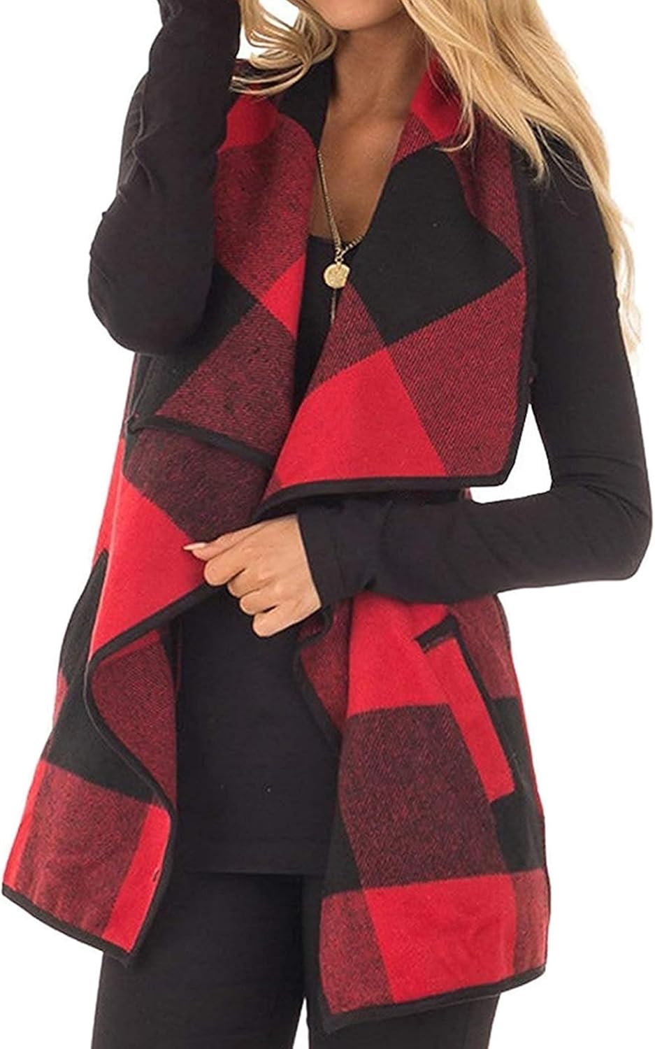 Mannice Womens Buffalo Plaid Sleeveless Cardigans Lapel Open Front Plaid Vest Jacket Coat with Pockets