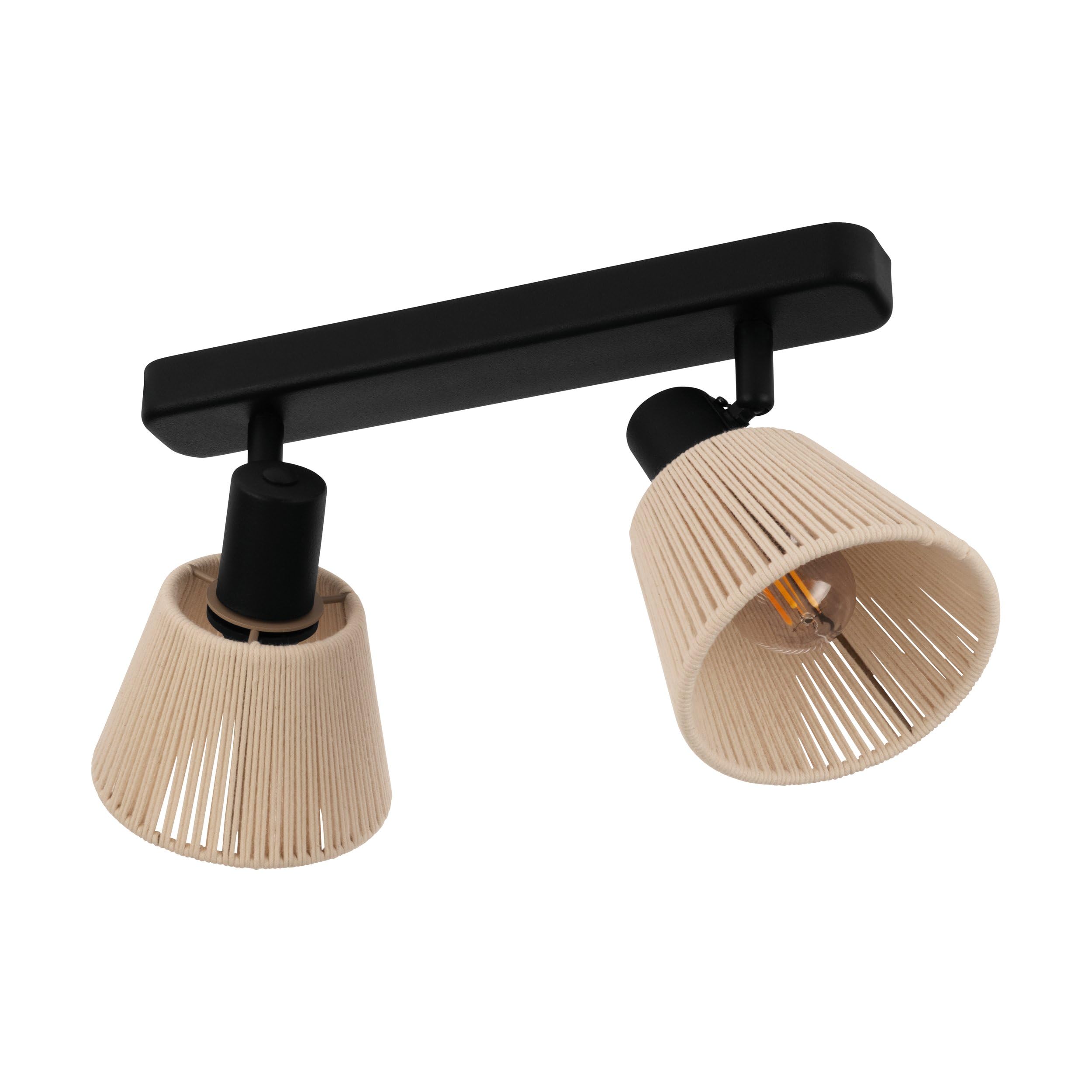 Eglo Spotlight bar Seagard, Light Fitting Boho Style with 2 Flexible Spots, Ceiling lamp for Living Room and Bedroom, Black Steel, Raffia Paper in Natural Colours, E14 Socket