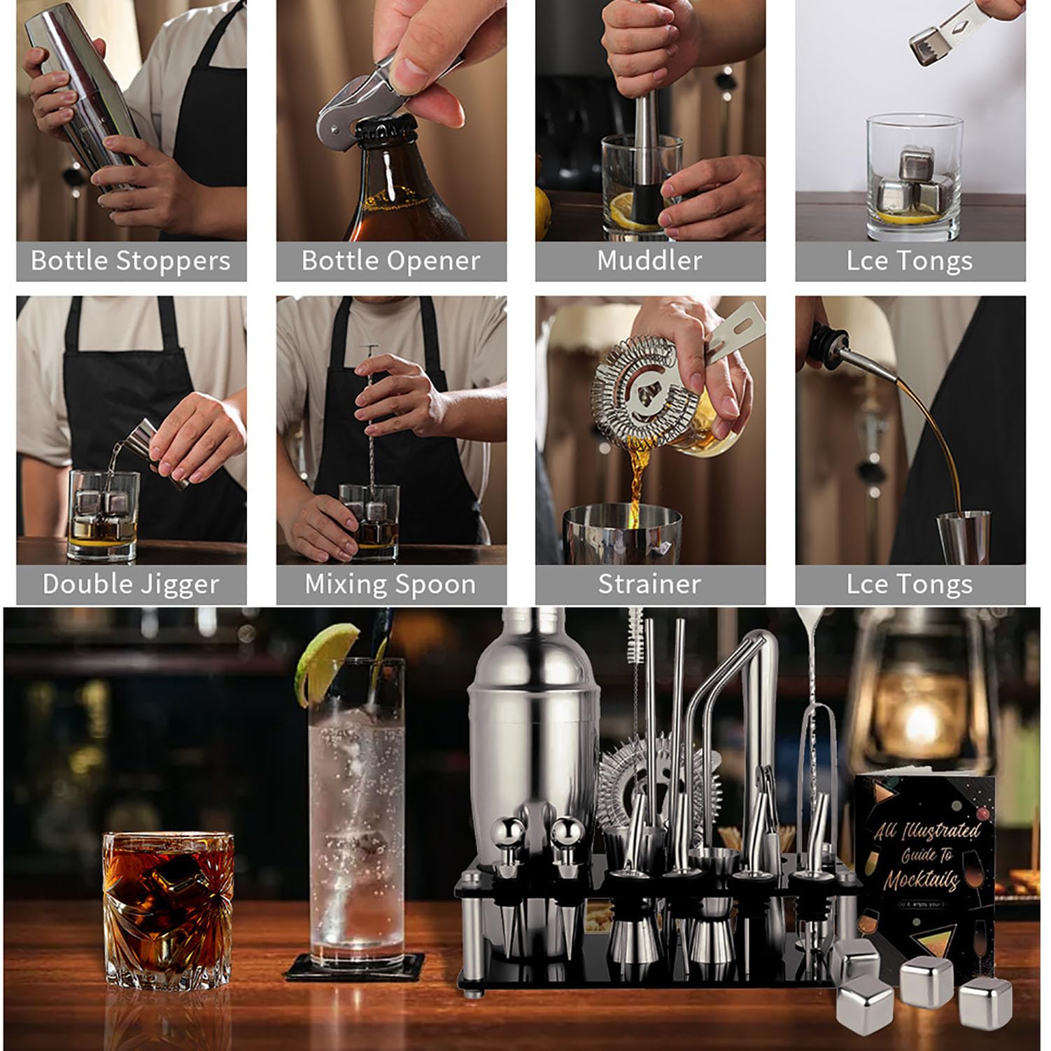 Juego De Coctelera, Kit De Barman De Acero Inoxidable De 23 Piezas Con Estante De Almacenamiento Acrílico, Sellado Y Sin Fugas, Sin Fugas Cuando Se Agita a Voluntad Para Tiendas De Té Con Leche