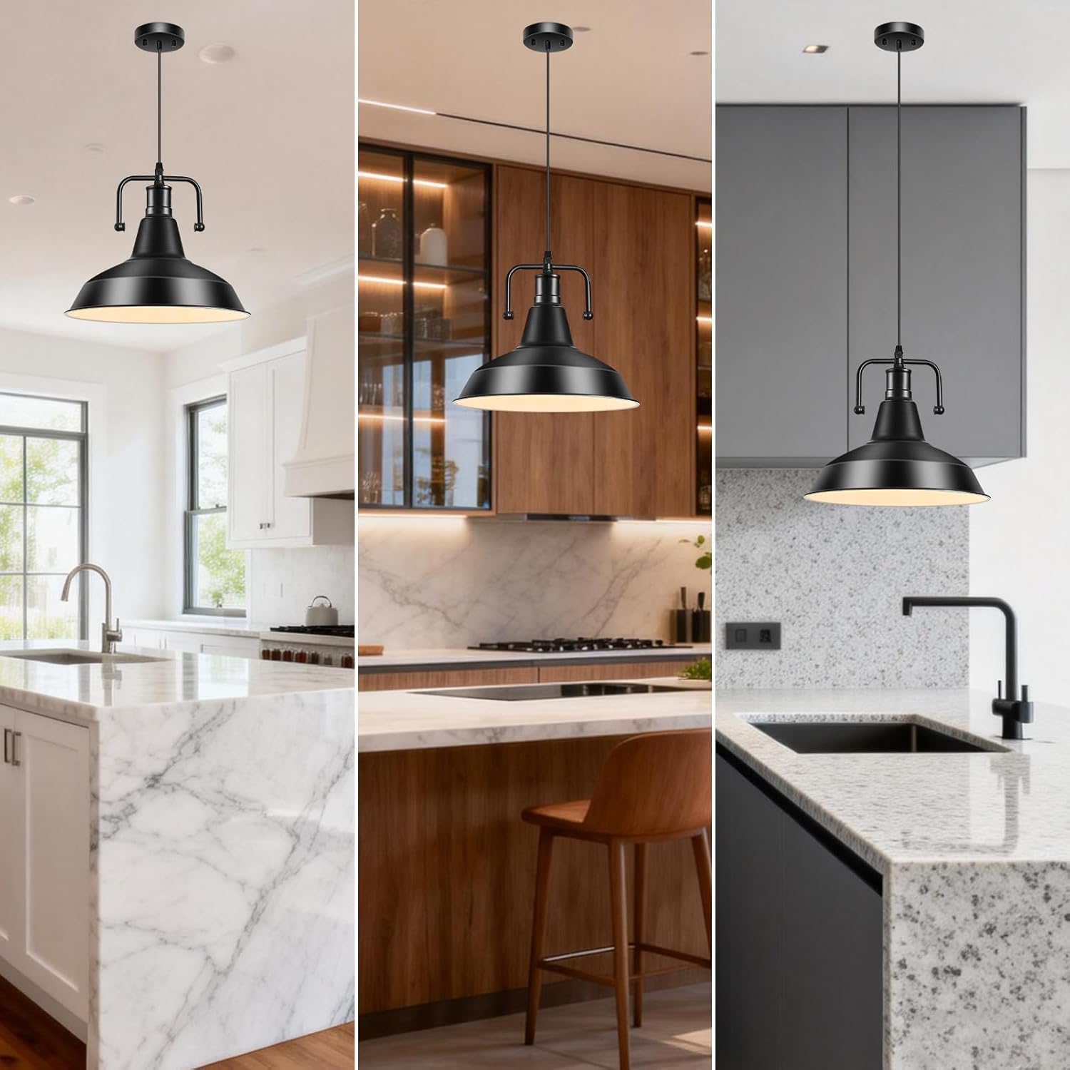 2PCS Farmhouse Pendant Light for Kitchen Island, Black Pendant Lights Fixtures with Metal Shade, Industrial Barn Hanging Lights for Hallway, Kitchen, Sink, Dining Room, Living Room（Bulb not Included）