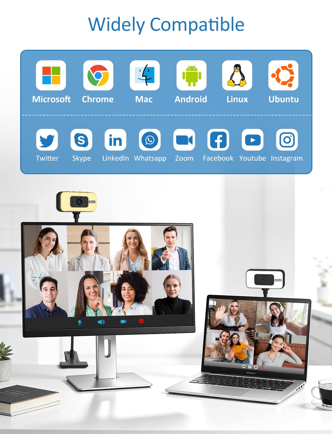 Webcam for PC, 4K Streaming Camera with Light, Web Camera for Desktop/Laptop Computer Webcam with Microphone, Plug and Play USB Web Cam with Bracket, for Live Streaming, Video Calls, and Meetings — view 7
