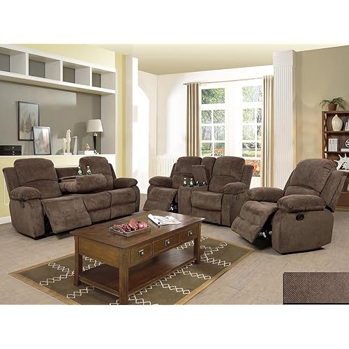 Fabric Recliner Sofa Set Manual Reclining Sofa Set Living Room Furniture Sets Modern Reclining Couch Set with Cup Holders/Storage Console/Drop Down Table for Home/Office (Chocolate, 3PCS Set)