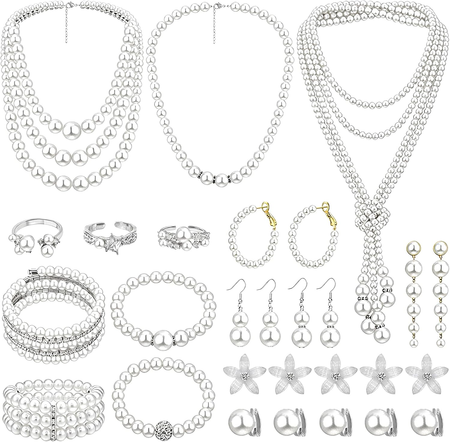 NEWITIN 28 Pieces Pearl Jewelry Set for Women Prom Costume Accessories