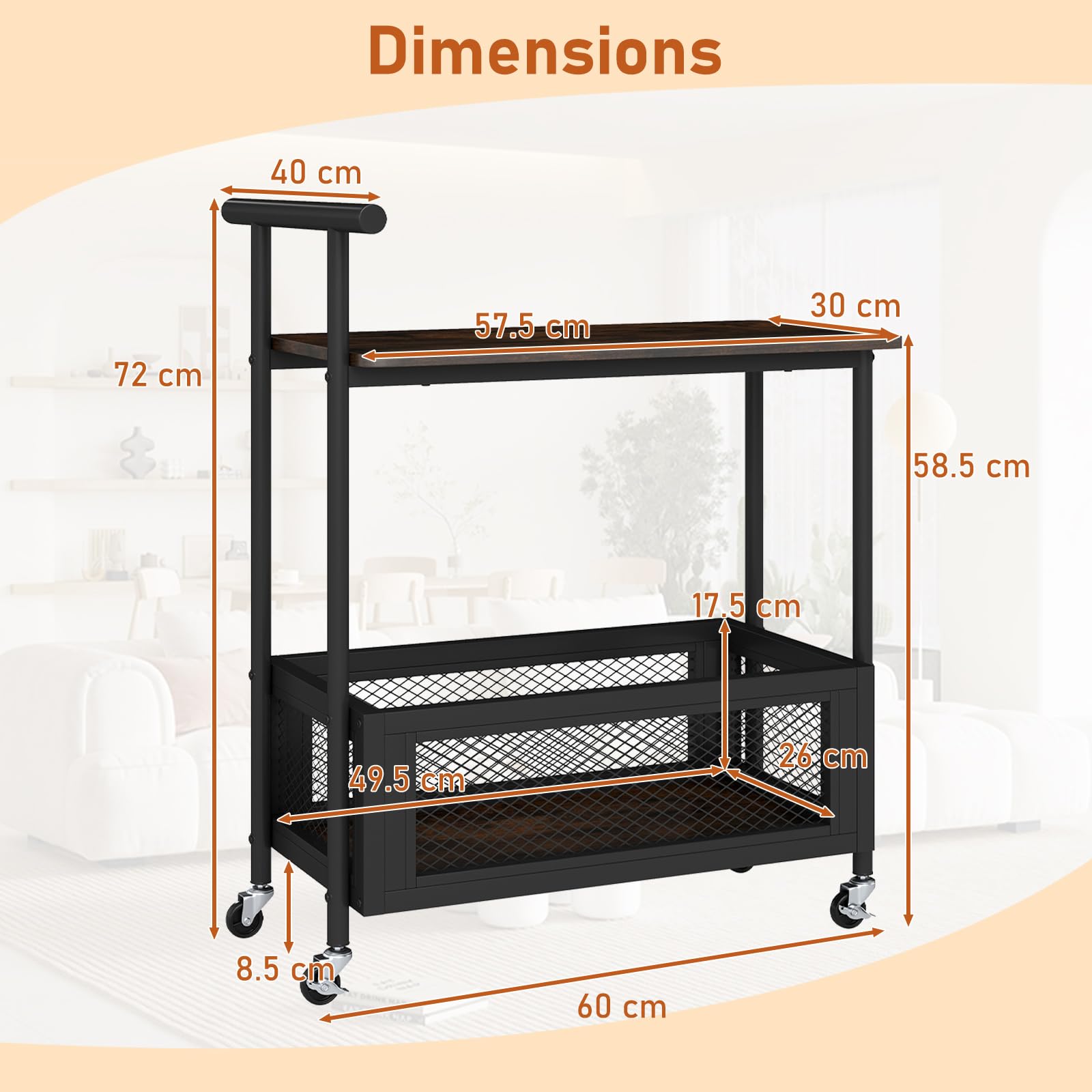 Giantex Mesa Auxiliar con Ruedas, Carrito Móvil con Estante y Cesta de Almacenamiento, Carro de Servicio con Asa, 60 x 40 x 72 cm, Mueble Auxiliar para Cocina, Comedor, Salón, Bar