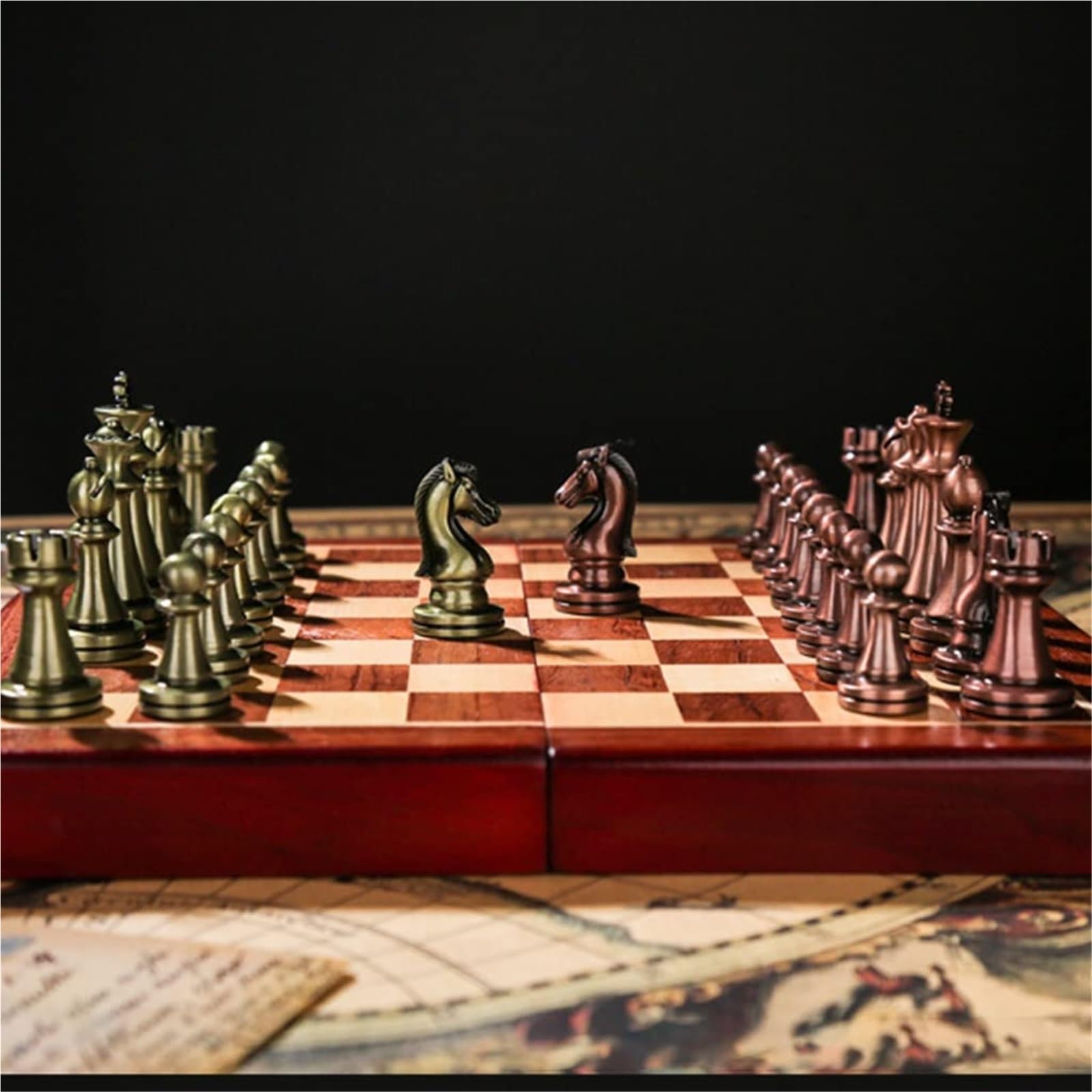 schachspiel Großes Deluxe-Schachset aus Metall for Erwachsene, einzigartiges faltbares Schachbrett aus Holz, Lernspielzeug for Kinder und Erwachsene
