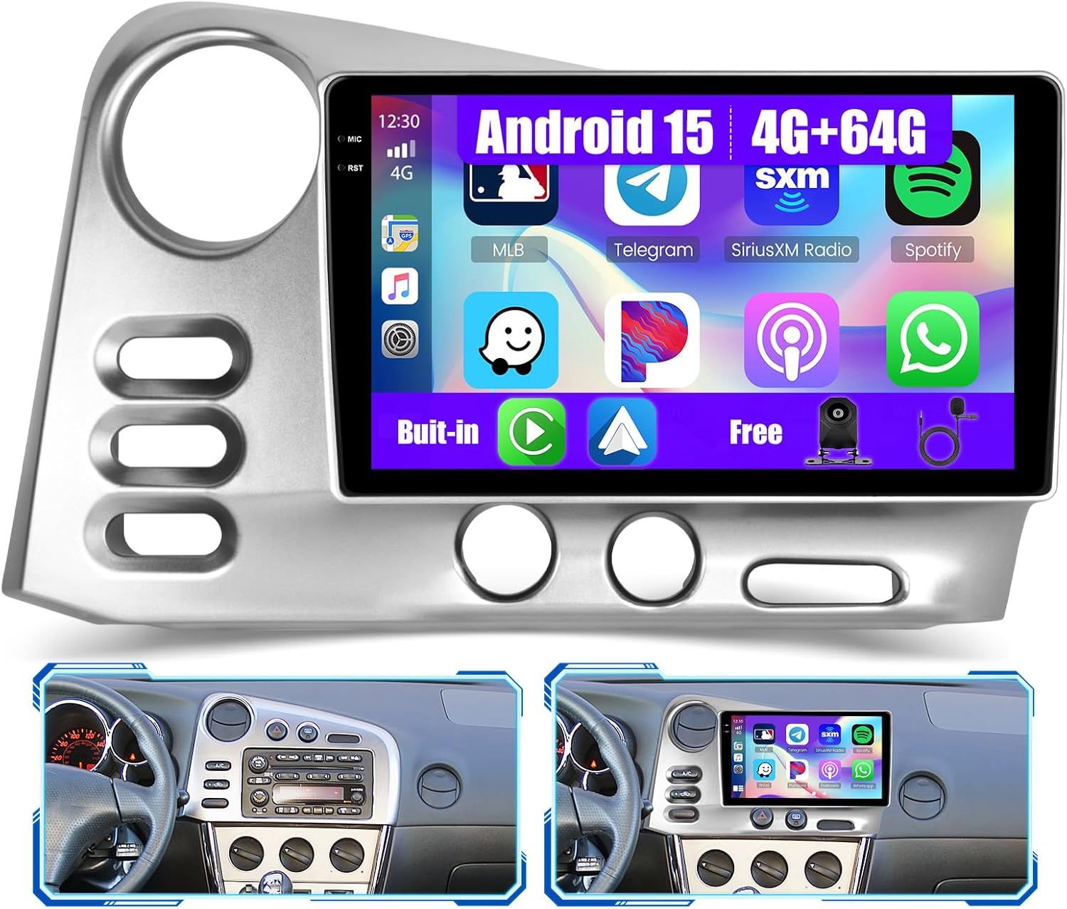 [4+64GB] Android 15 Car Radio for Toyota Corolla Matrix 2003-2008 with Wireless Carplay/Android Auto, 9 Inch HD Touchscreen Car Stereo with GPS WiFi Bluetooth FM/RDS EQ SWC Backup Camera MIC
