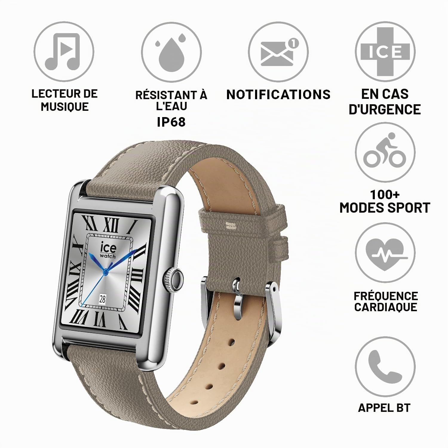 ICE-WATCH - Ice Smart TKS 2.0 Silver Grey Grain - Montre connectée Argent pour Femme avec Bracelet en Cuir - 025621 (1.41 Pouces / 32mm) - Smartwatch, Suivi des activités physiques et de la santé