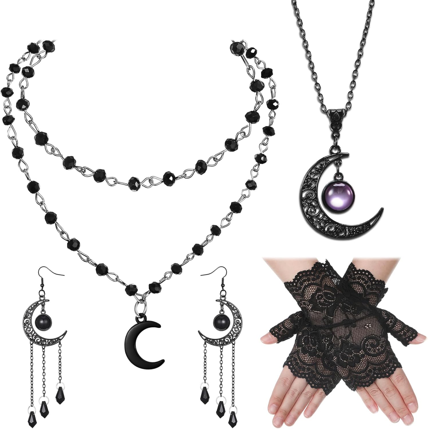 Tondiamo Gothic Witch Accessories Include Layered Necklace Black Crescent Moon Necklace Moon Earrings Short Lace Gloves for Gothic Costume Halloween New Year Jewelry for Women