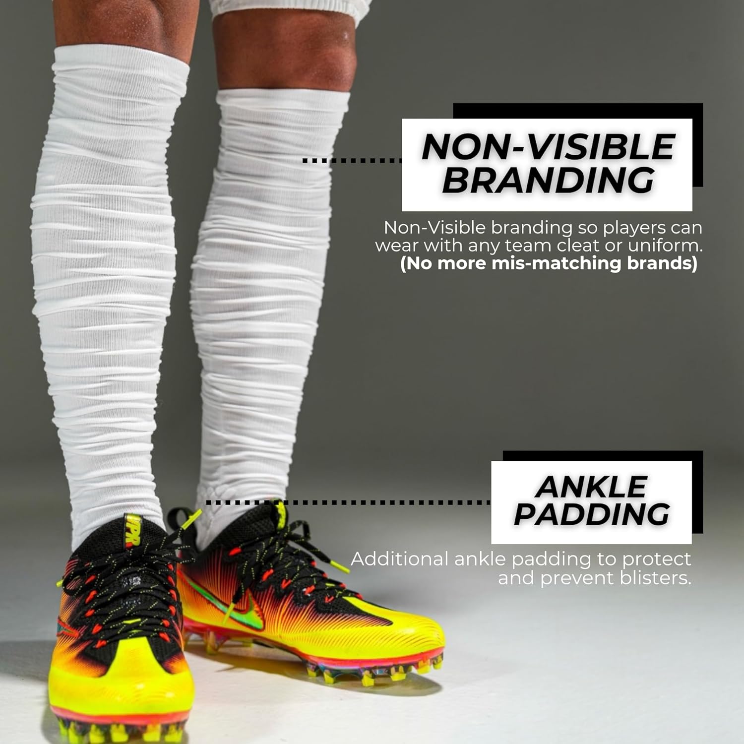 KUTFTBL Pre-Scrunched Football Socks with Built-In Elastic Bands & Extra Long Pre-Scrunched Leg Sleeves with Hidden Elastic Bands - Black