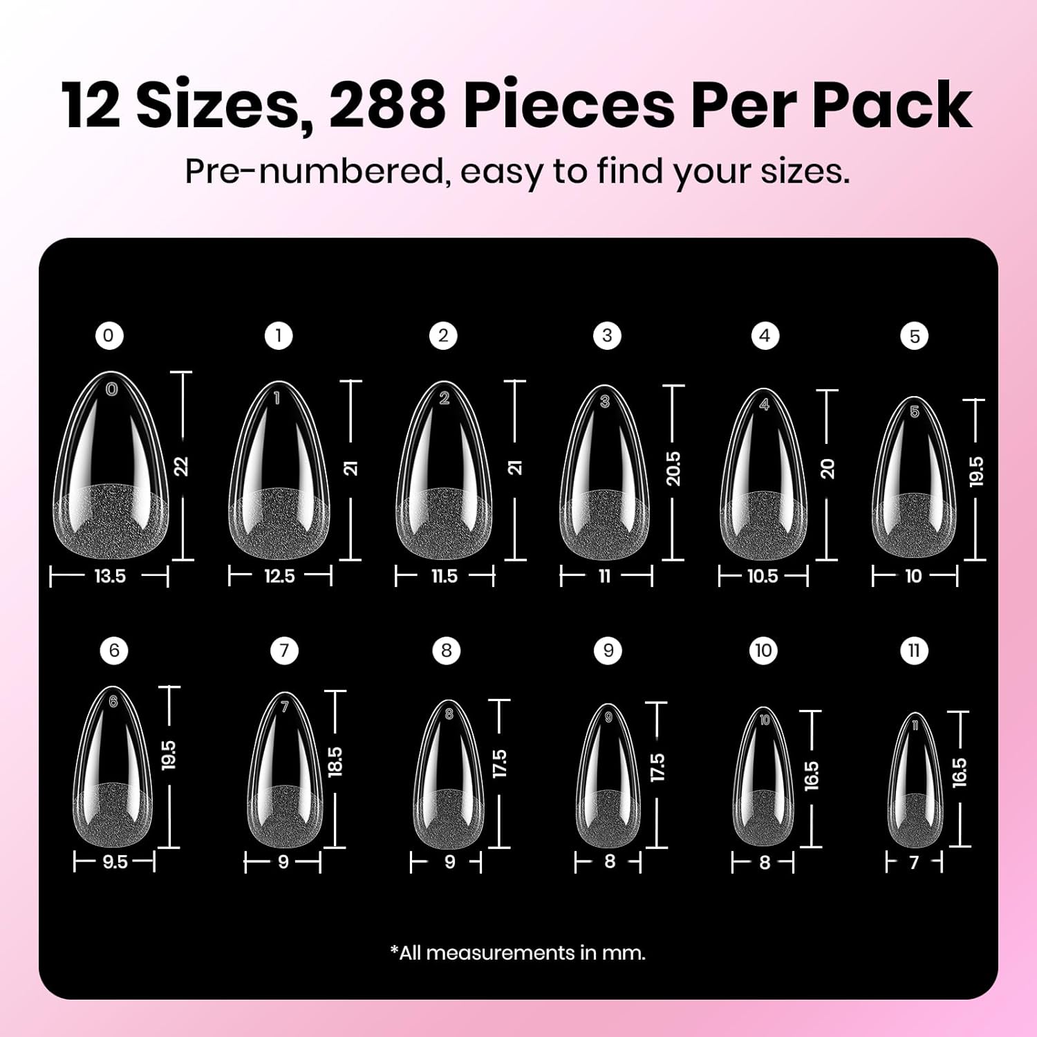 Beetles Gel Nail Kit Etch-X, Almond Short, 288pcs 12 Sizes Nail tips, 3Pcs 15ml HEMA-Free Nail Glue Top Coat & Base Gel Set, for Acrylic and Clear Press On Nail, Long Lasting Extension DIY Set at Home