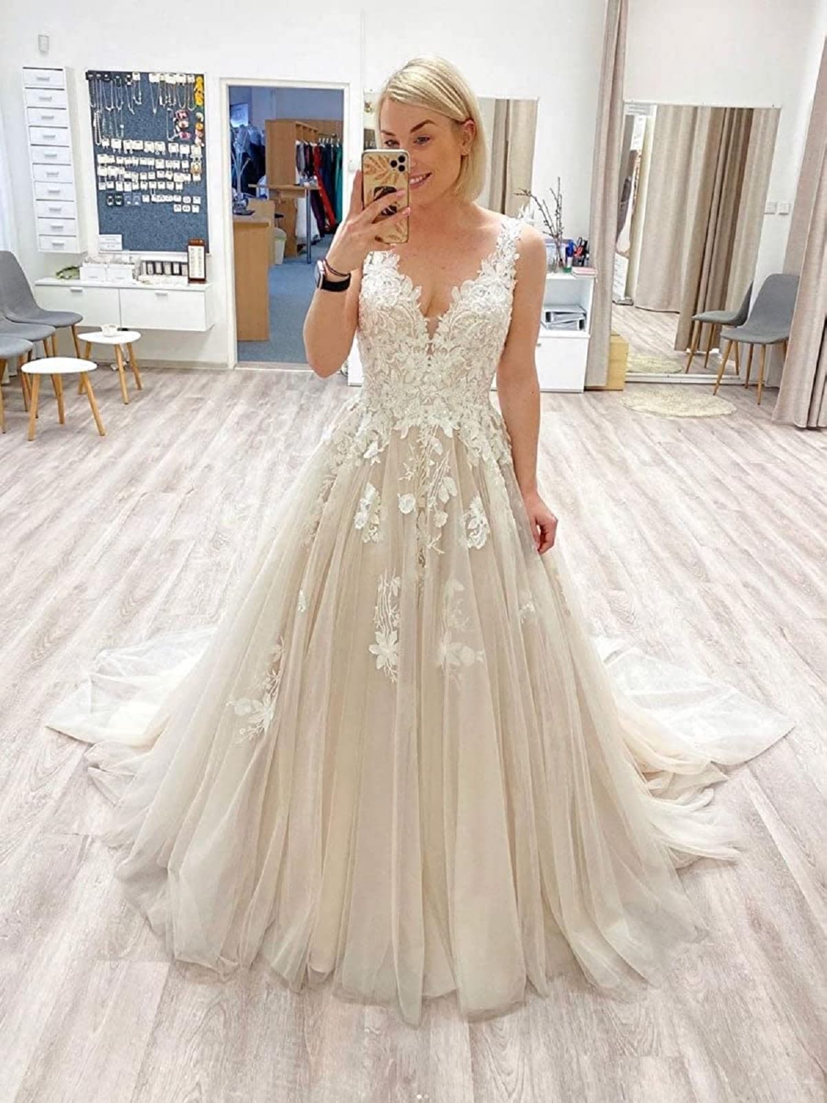 JAEDEN V-Ausschnitt Brautkleider Spitze Hochzeitskleider für Damen A-Linie Tüll Standesamt Kleid mit Schleppe