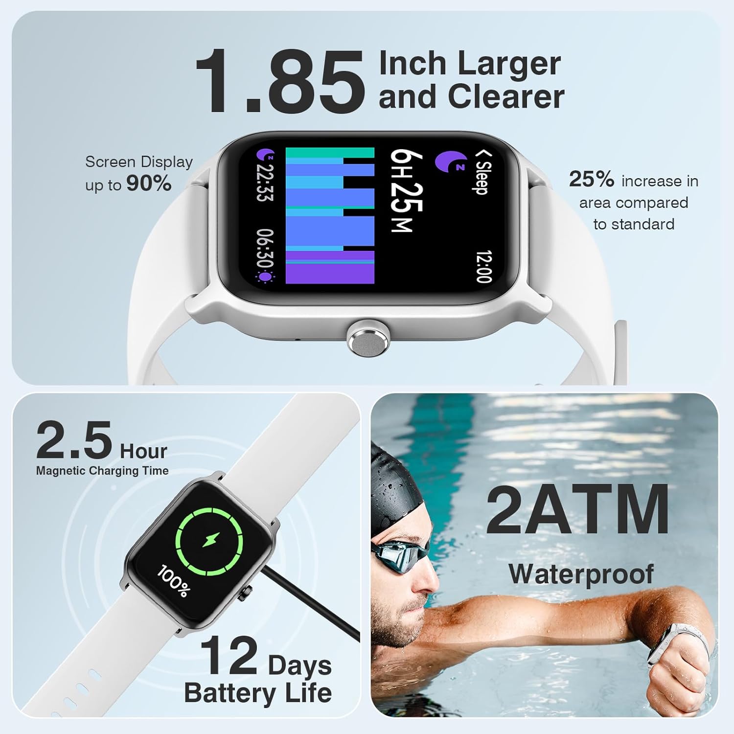 A split image showing a person running outdoors with the Quican IDW13 Plus Smart Watch displaying activity data (650 kcal, 00:43:07 time, 8 km distance, 11200 steps), and another person sleeping with the watch displaying sleep tracking data (7 hours 15 minutes total sleep, deep sleep, light sleep).