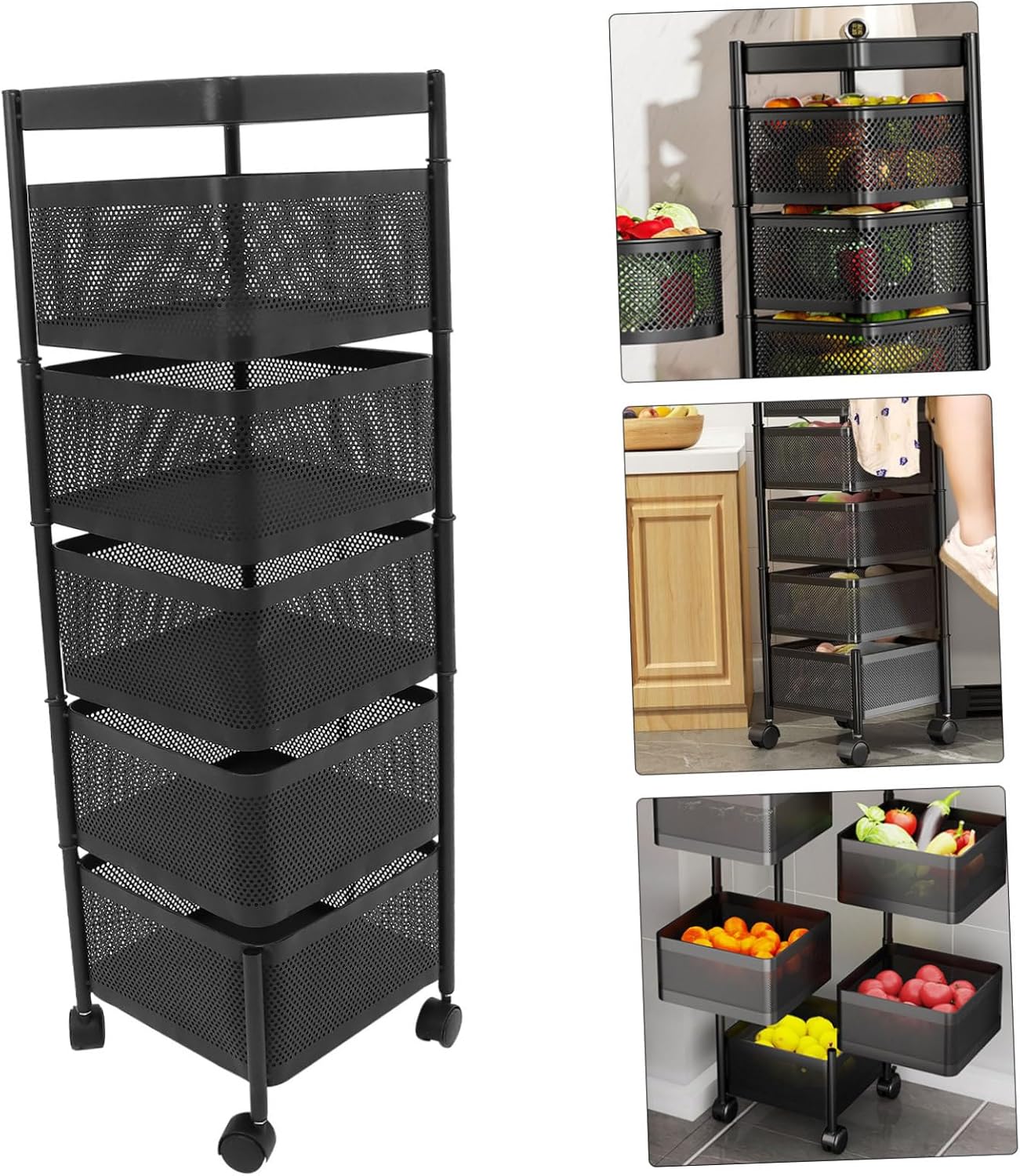 Mobestech 5layer Rotating Fruit Basket Kitchen Vegetable Storage Rack Sturdy Steel Organizer