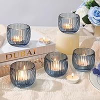 Vista 2 de Set of 6 Ribbed Glass Votive Candle Holders, Blue Glass Tealight Holders for Taper Candles - Elegant Table Centerpieces for Weddings, Christmas