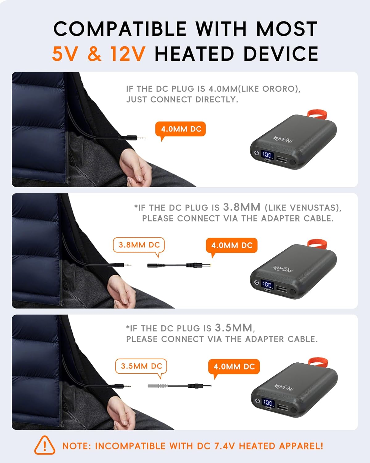 𝟭𝟮𝗩/𝟱𝗩 𝟮𝗔 𝟯𝗔 𝟮𝟬𝟬𝟬𝟬𝗺𝗔𝗵 Heated Jacket Battery Pack for Wulcea, Genovega, Kemimoto, Power Bank with LED Display for Heated Jacket Vest Pants Gear Chair Seats Blanket