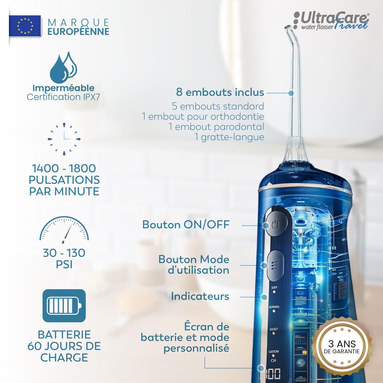 Aquapik® 100 Hydropulseurs dentaires professionnels |Élimine la plaque + Recommandé par les dentistes | (F. PORTABLE)