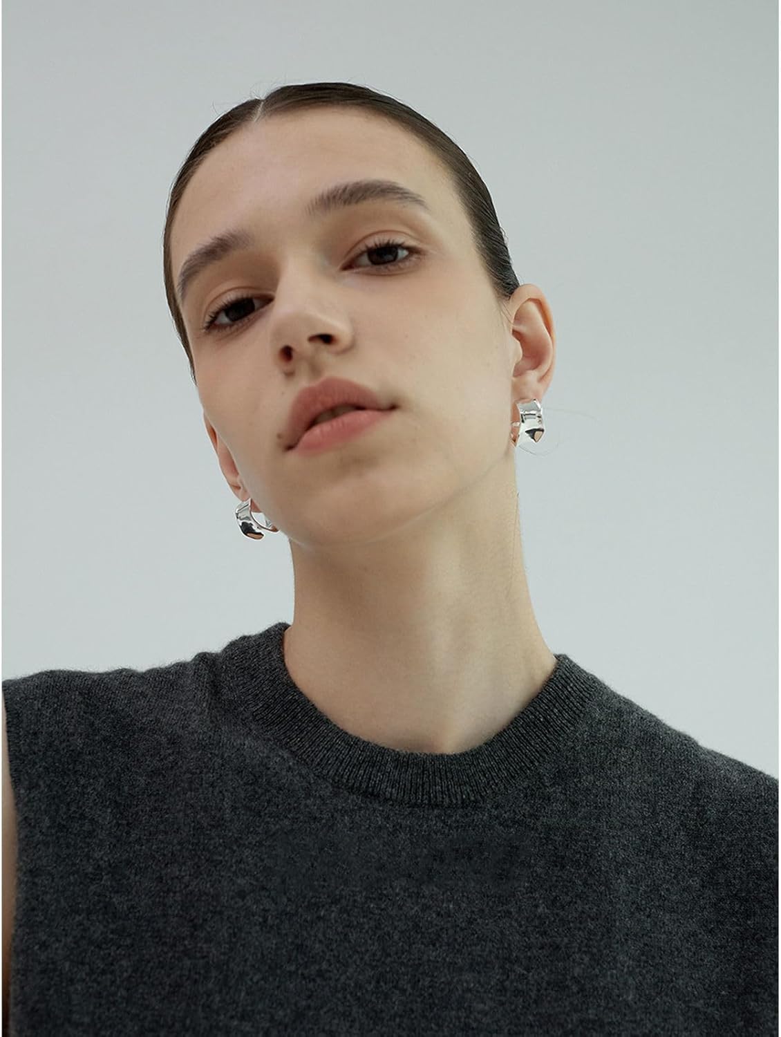 Chunky Silver Earrings 14K Gold Plated Geometric Dangle Earrings for Woman, Trendy Simple Silver Hypoallergenic Small Hoop C Shape Stud Earrings Jewelry - Image 2