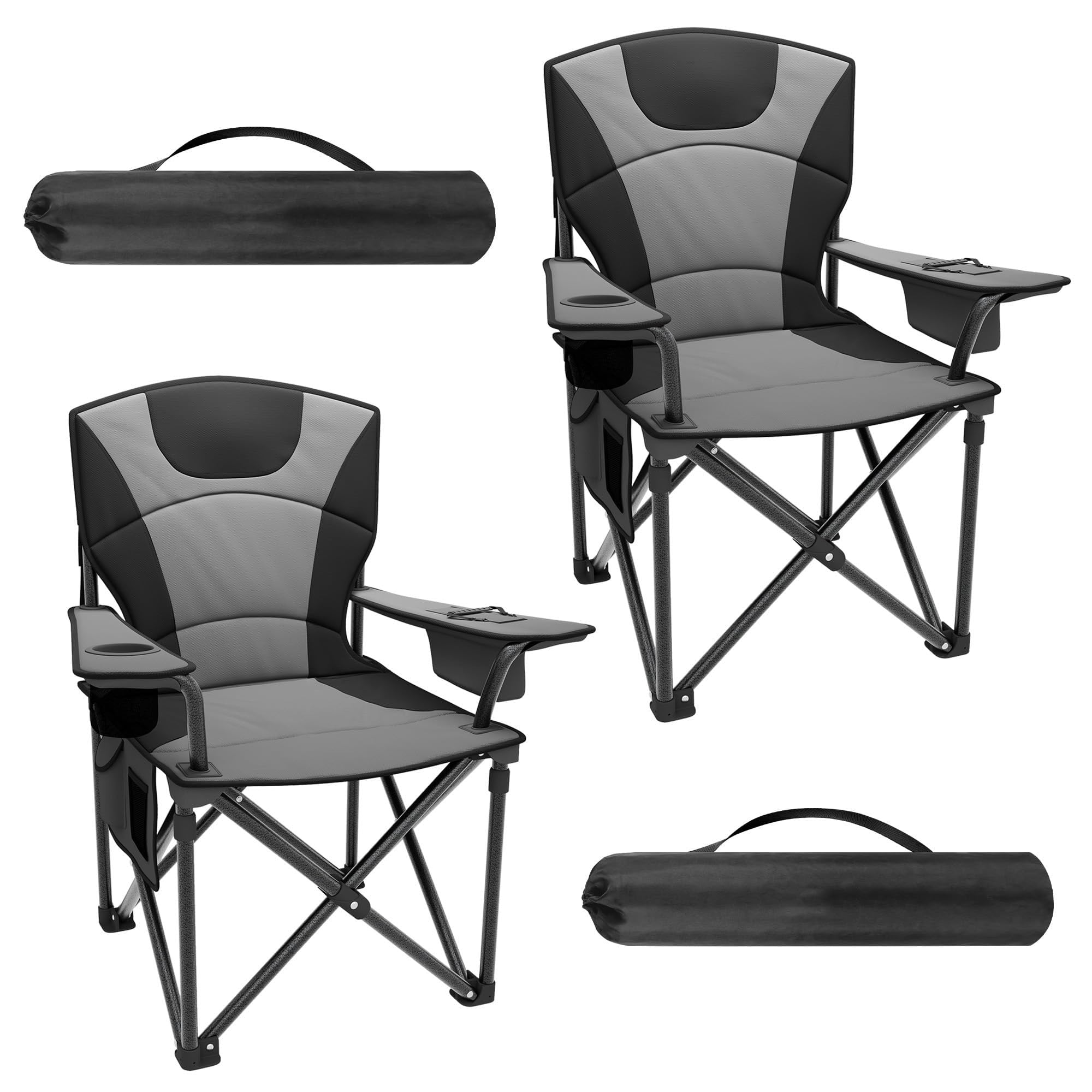 Lot de 2 Chaise de camping Pliable Portable avec Sac de Transport,Fauteuil pliant Exterieur en Oxford rembourrage,avec Porte-gobelet,Poche rangement isotherme,Pour Plage,Camping,Jardin(Gris)