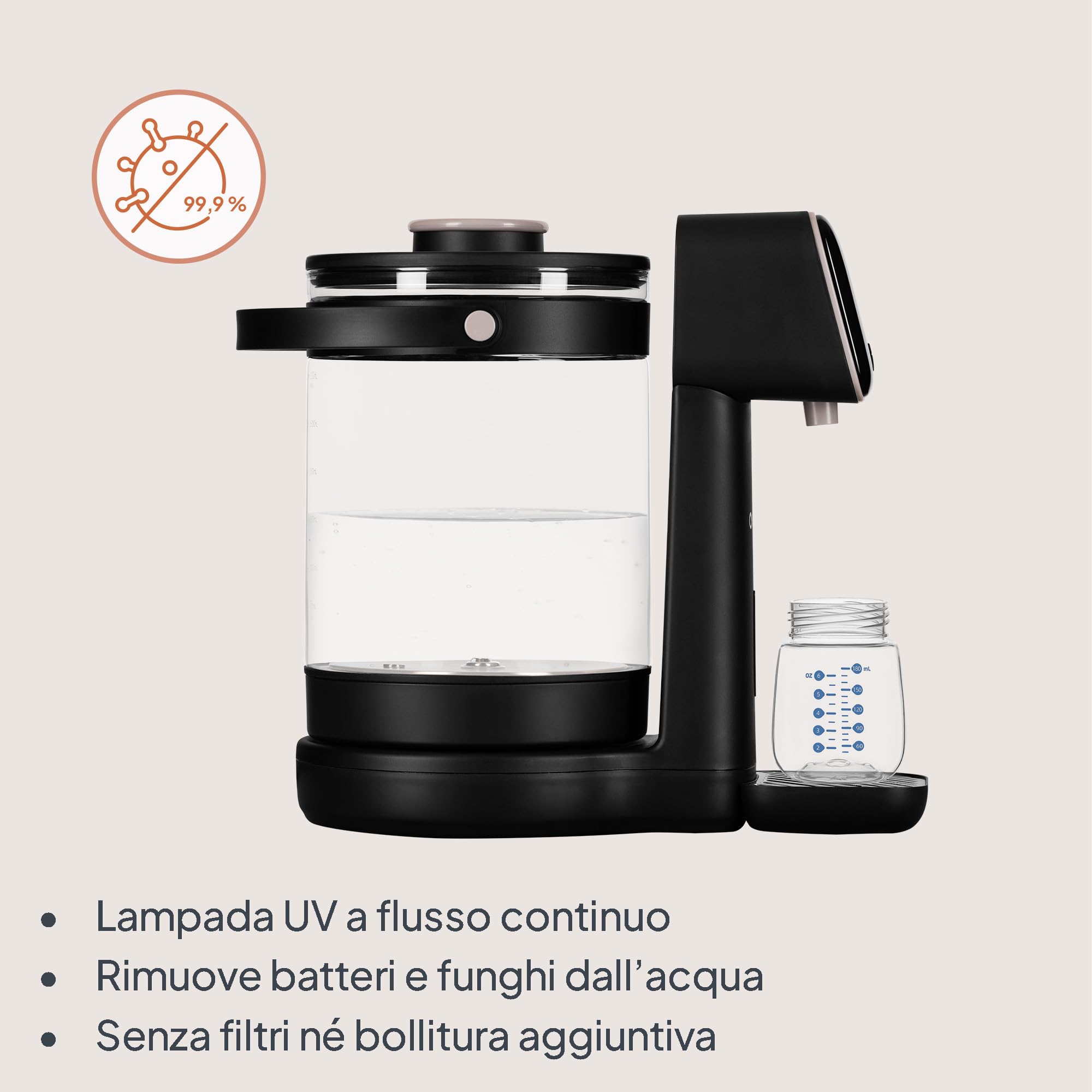 Lionelo BABYPRESTO 2.0 Preparatore Istantaneo di Latte in polvere con Temperatura Regolabile 40-100°C, Dosaggio Automatico 30-300 ml, Formula Scaldabiberon, Dispenser Acqua 3L, Declorazione, Igiene UV