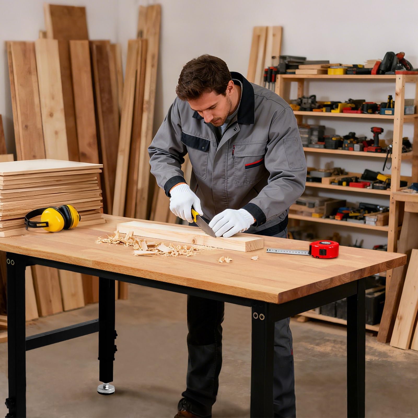 VEVOR Werkbank, 680 kg, Werkstatttisch 122x60 cm große Arbeitsplatte aus Eichenholz, Arbeitstisch mit 67–102 cm Höhenverstellung, Werktisch für Garage, Werkstatt, Zuhause, Büro & Gewerbe