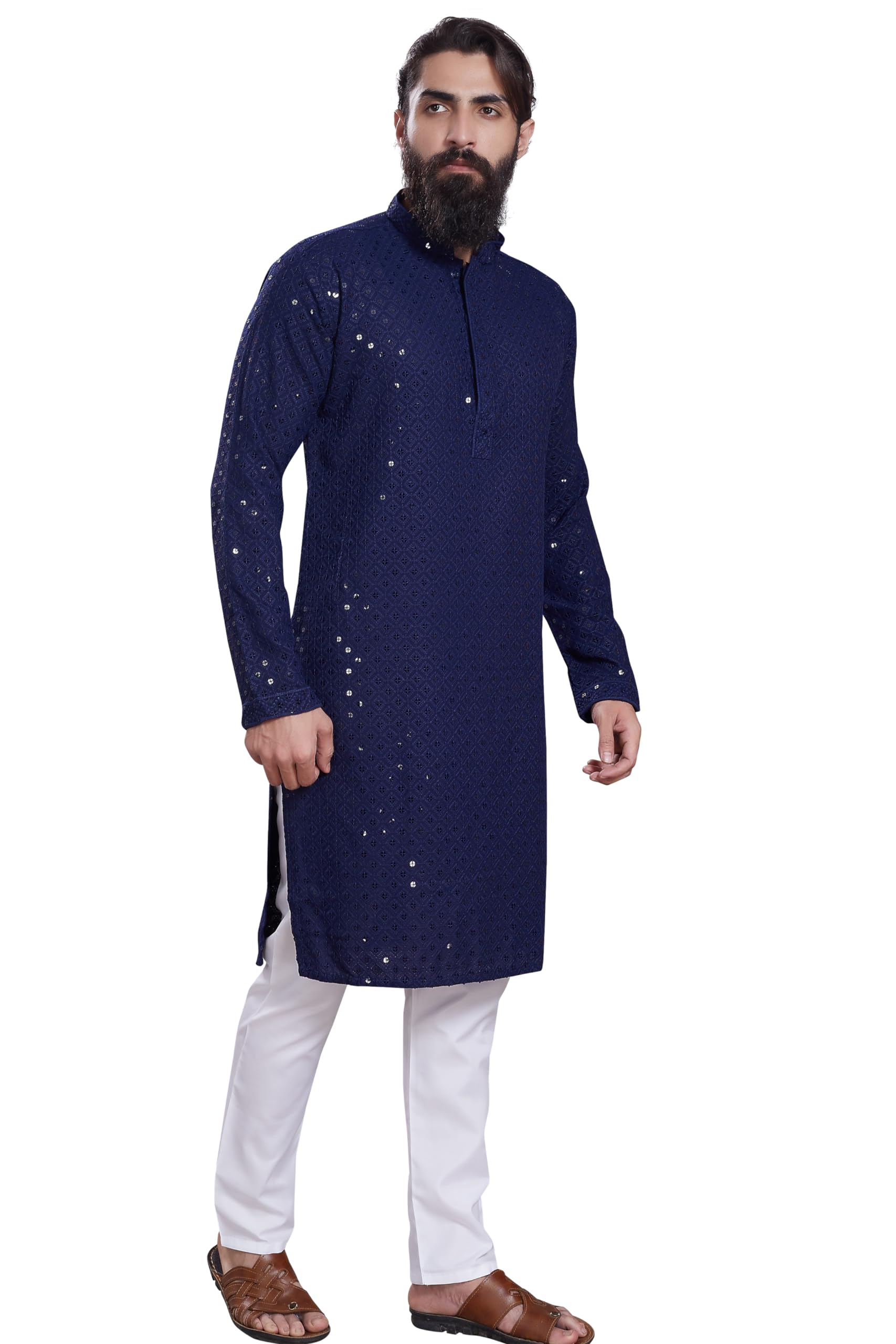 Divisive Men's Sequince Embroidered Cotton Blend Only Slim Fit Kurta (Dkrt229_L_Navy Blue)