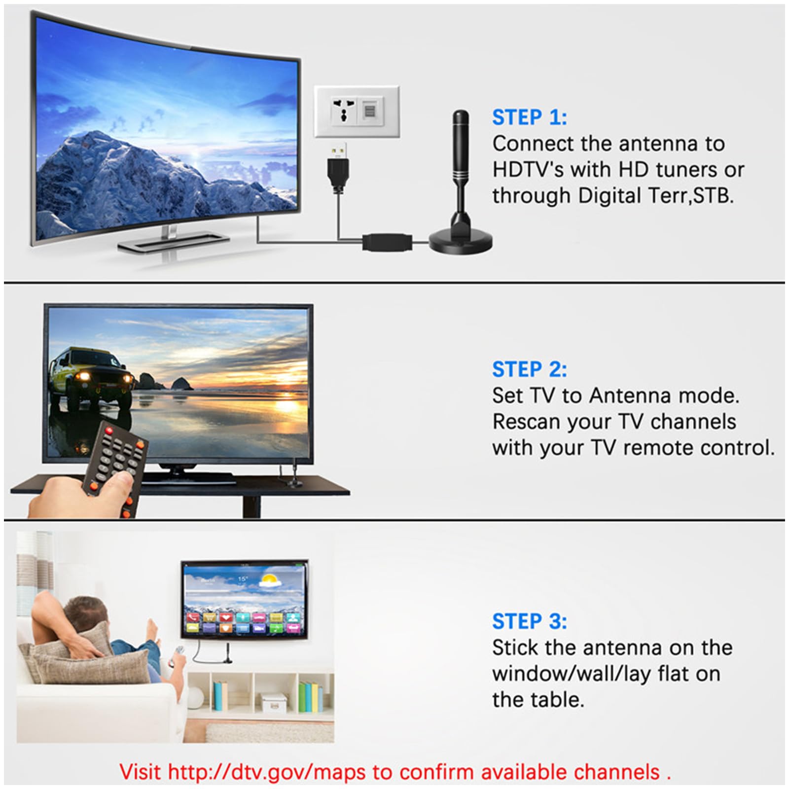 Antenne TV HD portable intérieur/extérieur, réception 360°, amplificateur de signal double, gain élevé, 4K 1080p VHF/UHF, avec base magnétique