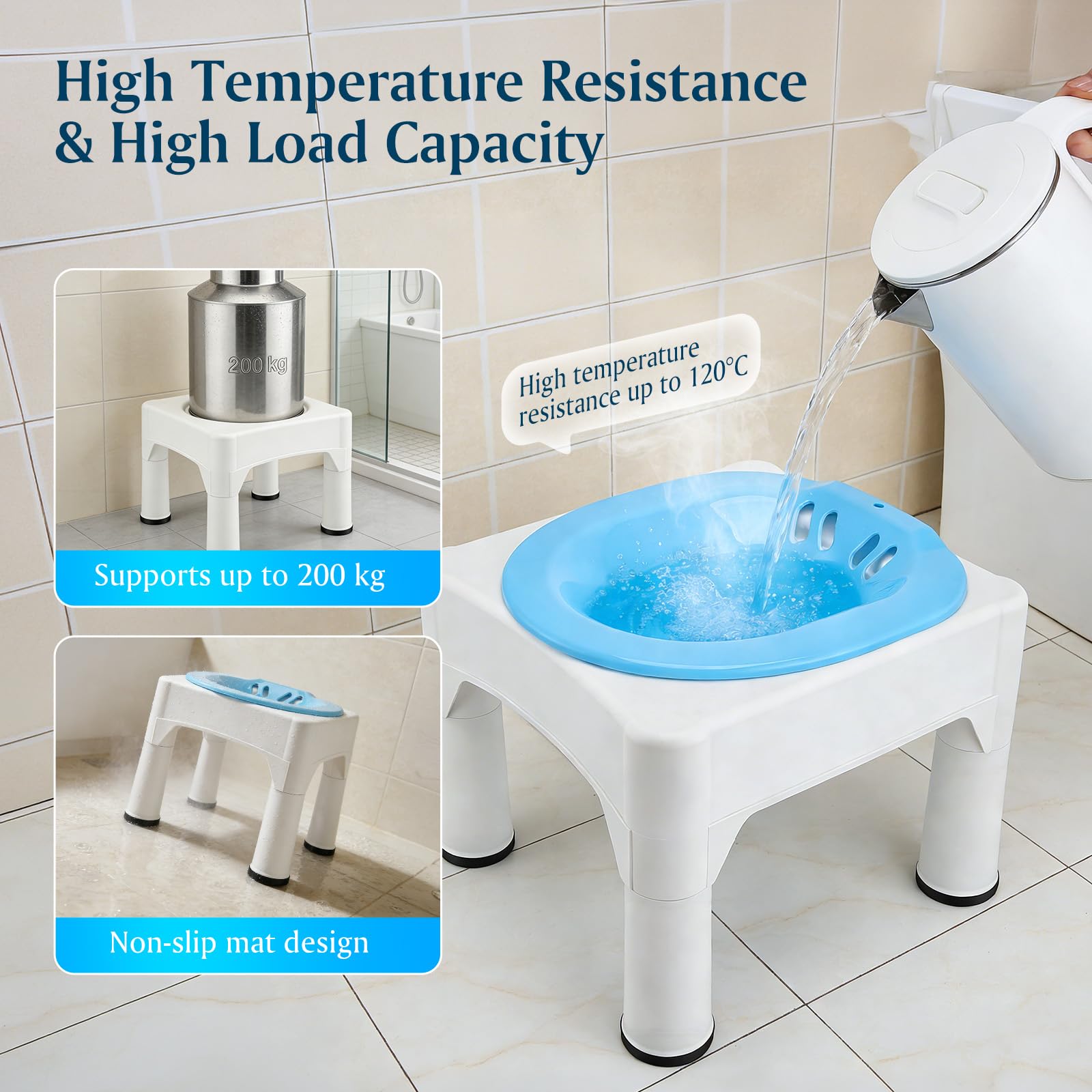 Vasca da bagno per WC per adulti – sedile portatile con sgabello e funzione di risciacquo, rimovibile per trattamento delle emorroidi e cura del letto settimanale