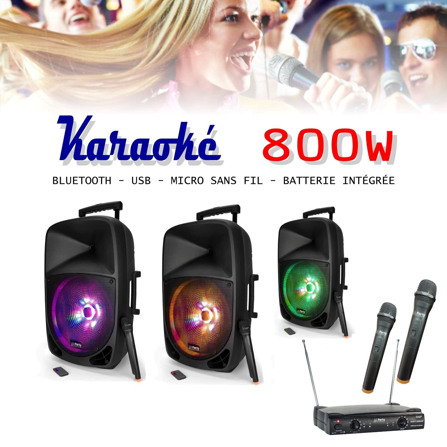 Przenośny głośnik Karaoke PARTY15LED 800W USB Bluetooth Tuner - 3 mikrofony bezprzewodowe - mowy - Szkoła - Kurs tańca