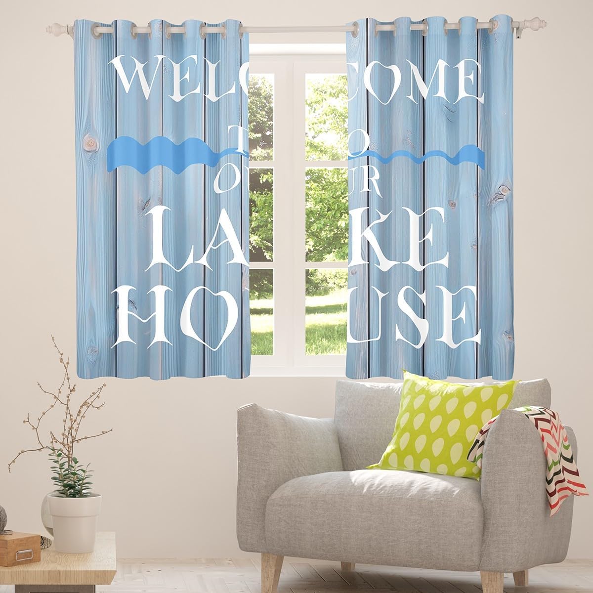 Lake House Window Curtains Cabin Rustic Farmhouse Style Window Drapes, Blue Wooden Plank Lake Themed Window Treatments, Kids Boys Girls Room Decor, Grommet Top 2 Panel Set Curtains, 38Wx45L inch