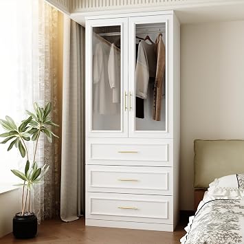 FUFU&GAGA Wardrobe Closet with Glass Doors, Drawers, White Bedroom Armoire