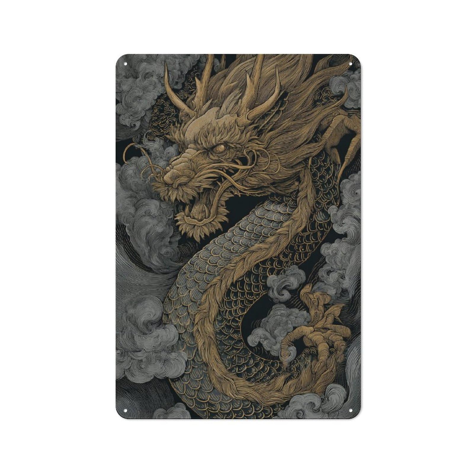 Junmoney Golden Dragon Majesty Printed Metal Sign 30X20cm For Studio Or Craft Room, For Creative-Space Collectors
