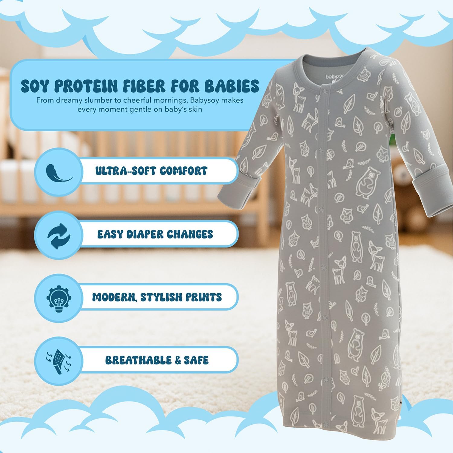 Babysoy Unisex Baby Long Sleeve Gown Sleep Sack, Ultra Soft Nightgown, Newborn Reversible Mittens