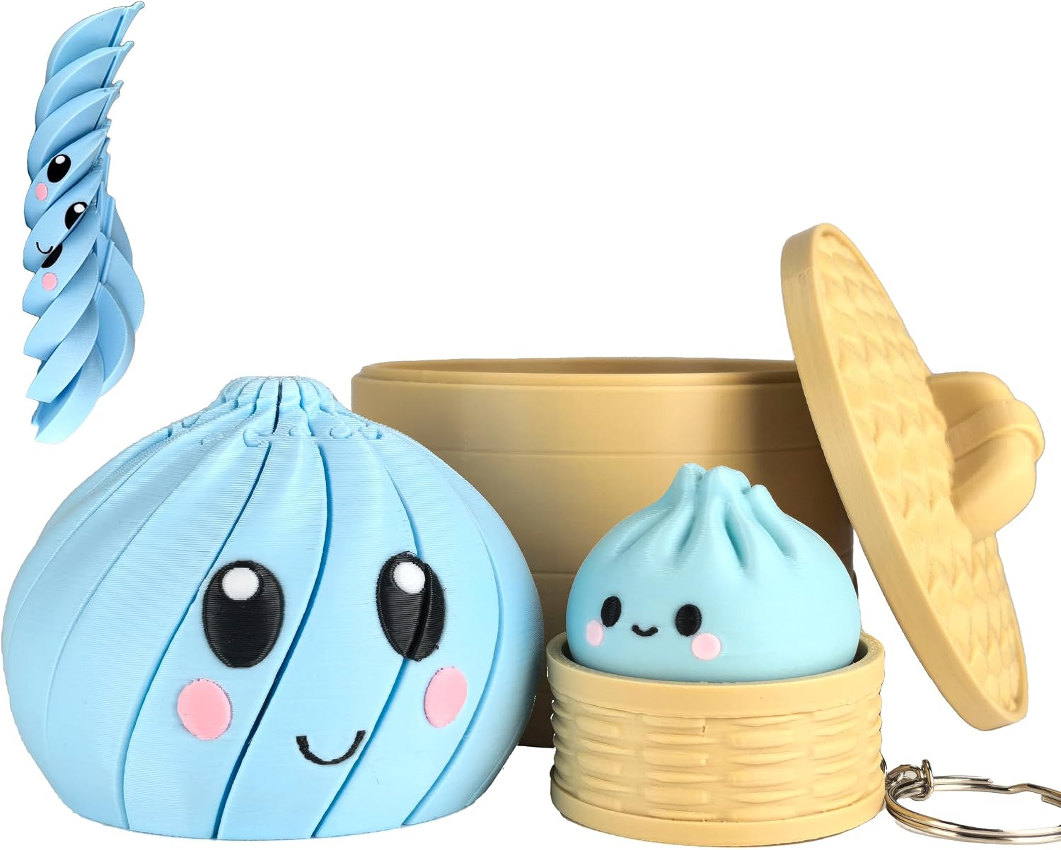 3D Printed Dumpling Twisty Fidget Toy with Dumpling Clicker, Bao Buns Steamer Storage Case Stress Relief Desk Toy Gift for Adults